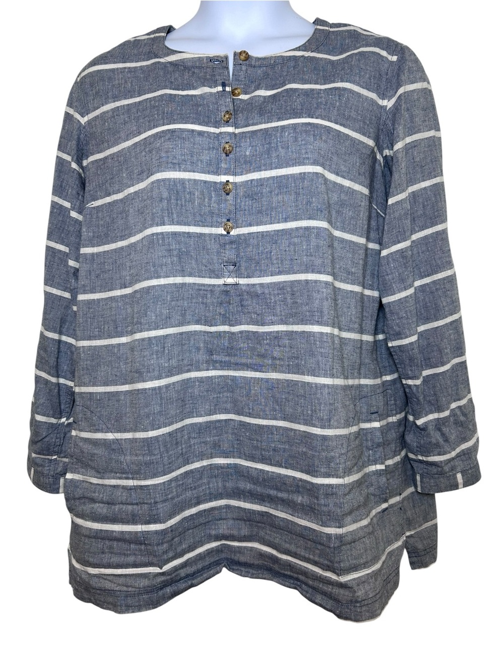 Duluth Trading Hemp Tunic Size XL Blue Striped Long Sleeve Breathable Top
